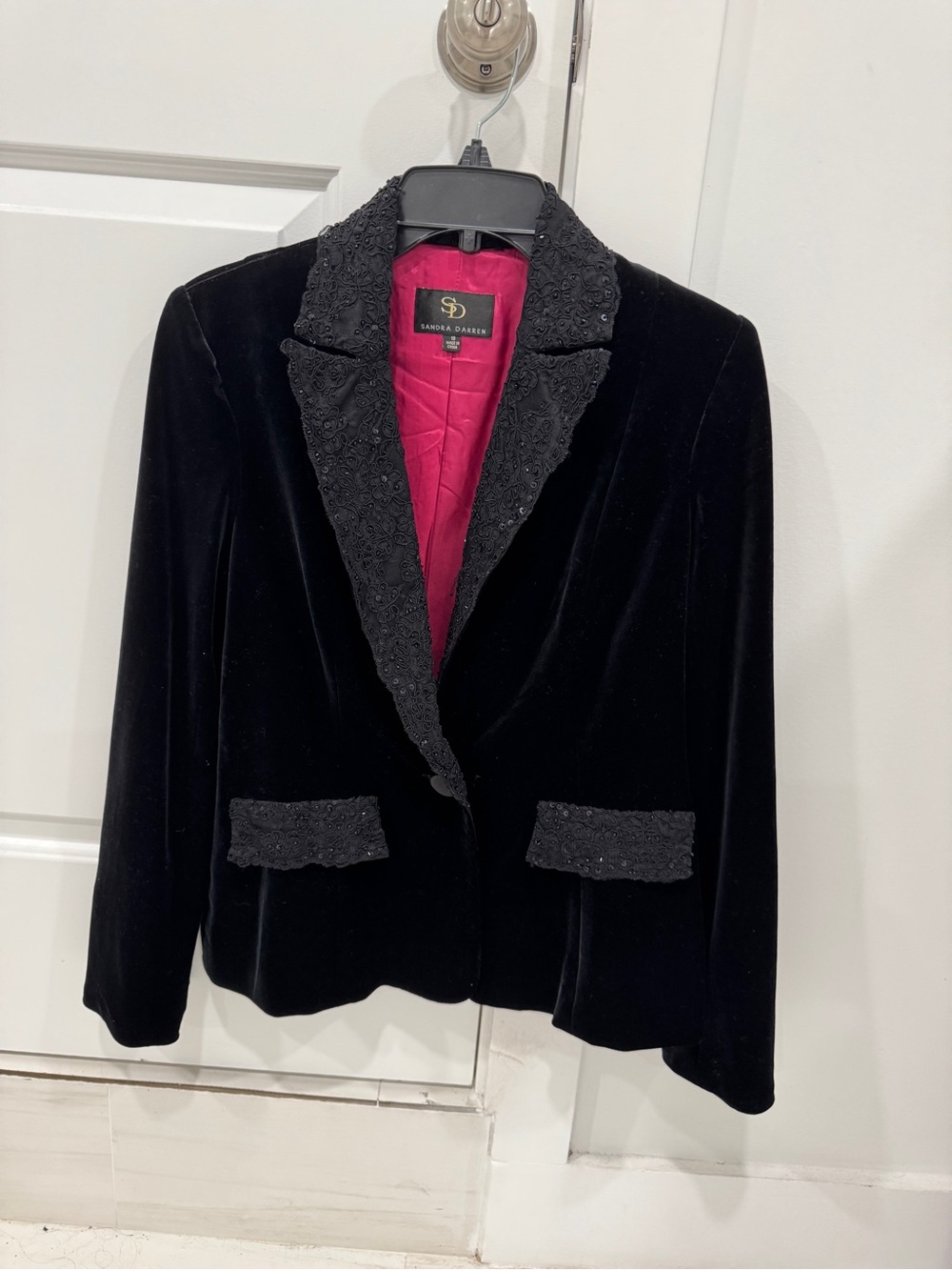 Sandra Darren Black Velvet Blazer with Pink Lining and Lace Trim